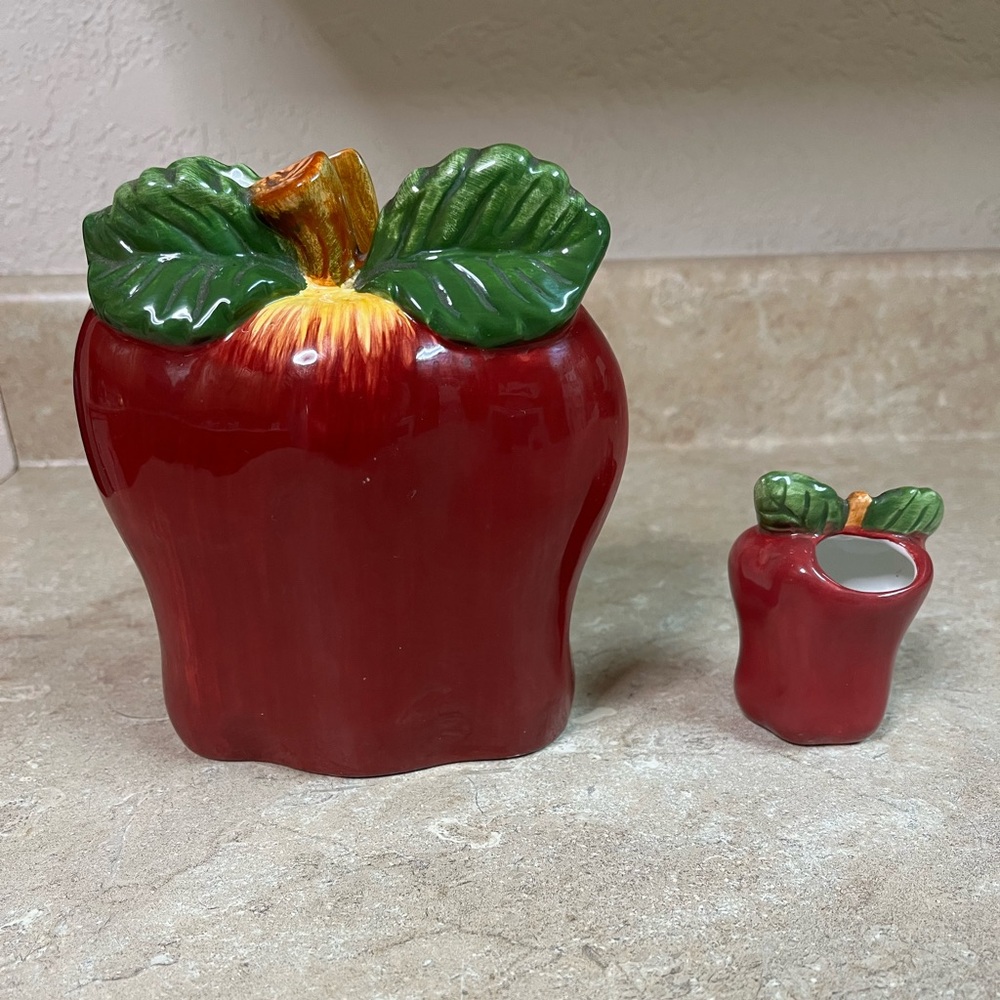 Red Ceramic apple napkin holder and toothpick holder